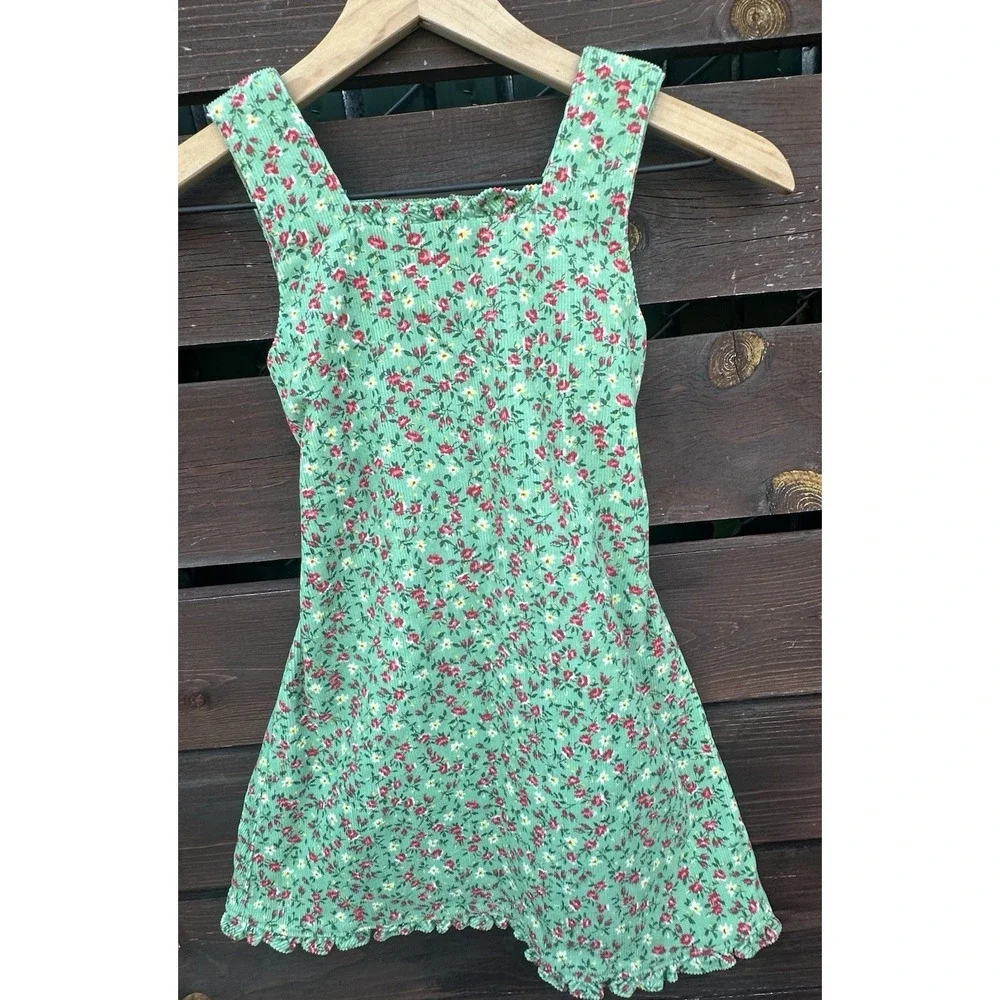 Vtg Y2K Girls Ralph Lauren Green Corduroy Floral‎ Back Tie Dress Sz 6